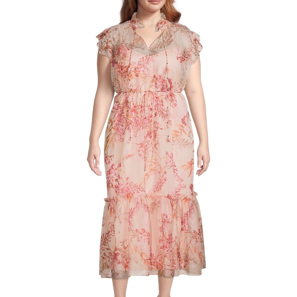 Alex Marie Plus Size Camellia Floral Print Cap Sleeve Tiered Midi Dress 20 W